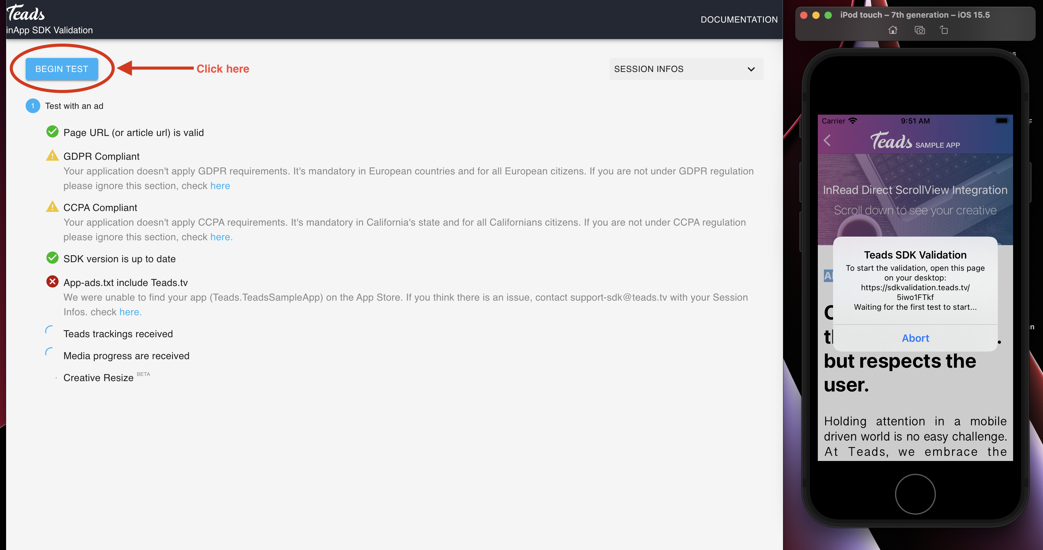 Click on begin test clickOnBeginTest